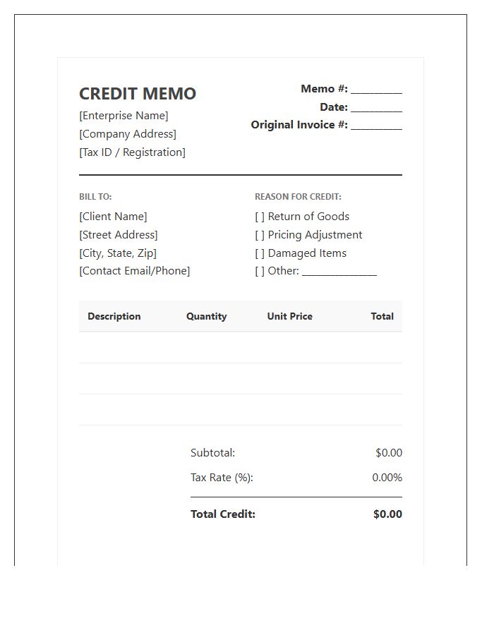 Enterprise Credit Memo Invoice Template