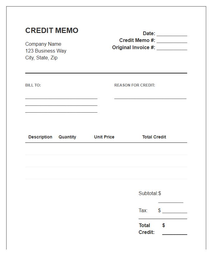 General Credit Memo Invoice Template