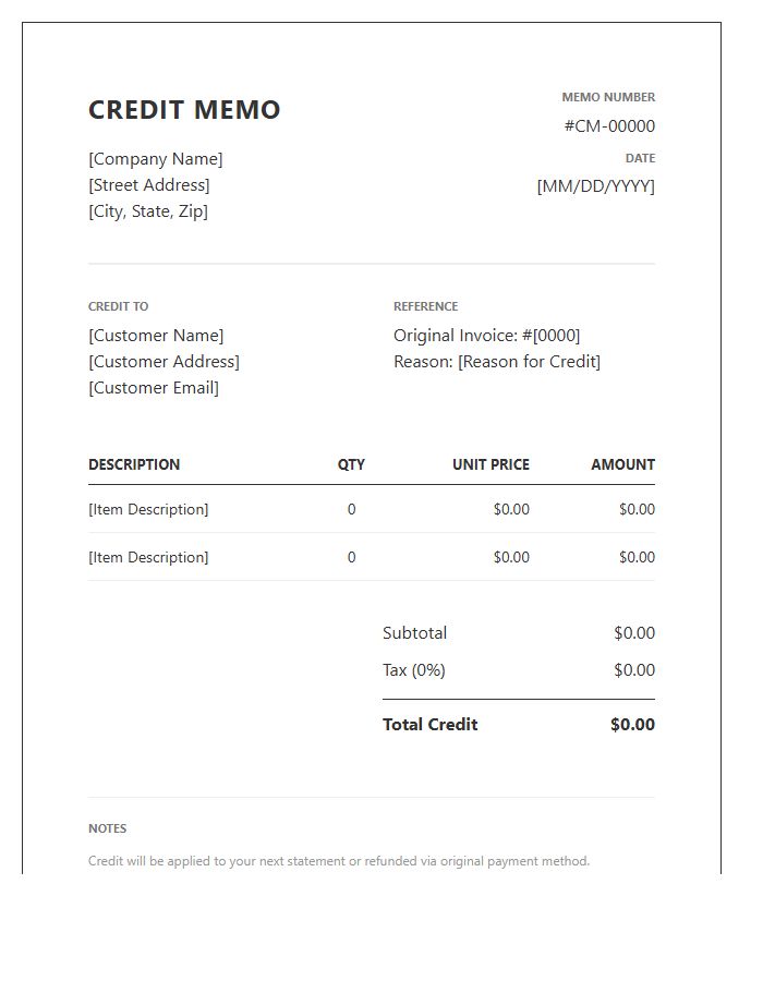 Minimalist Credit Memo Invoice Template