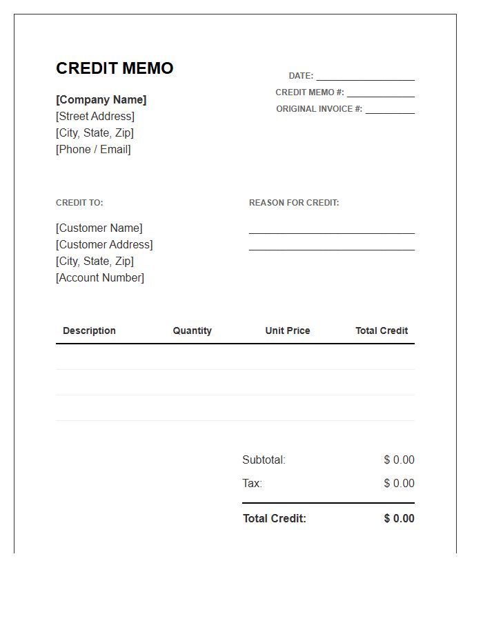 Official Credit Memo Invoice Template