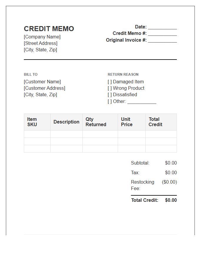 Product Return Credit Memo Invoice Template