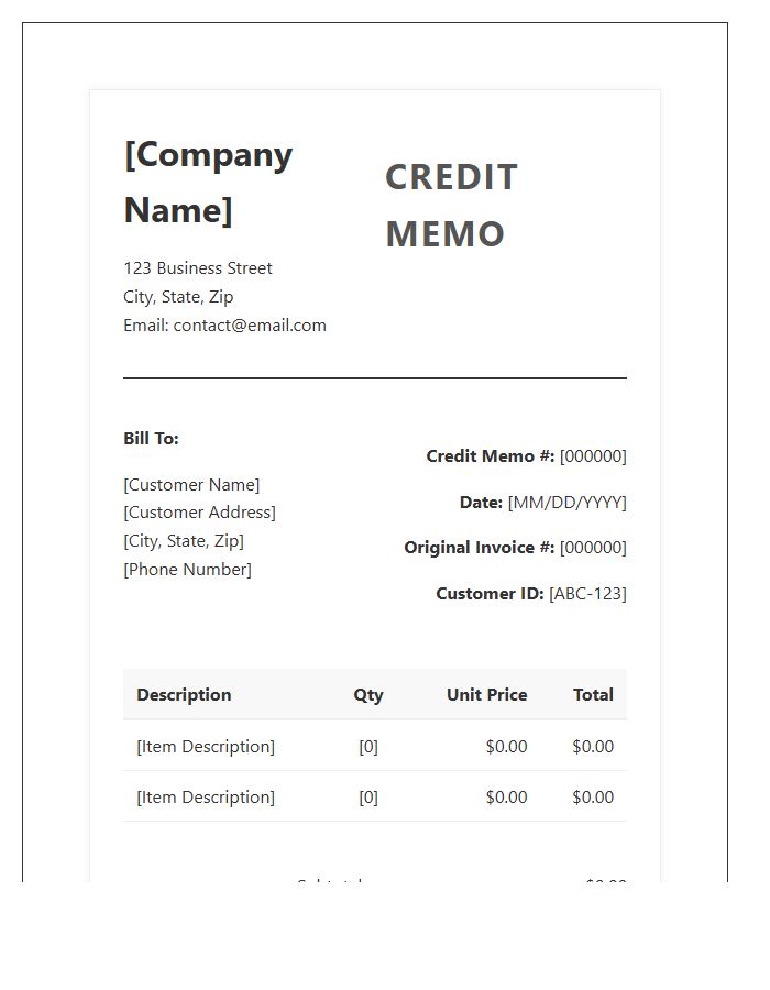 Professional Credit Memo Invoice Template