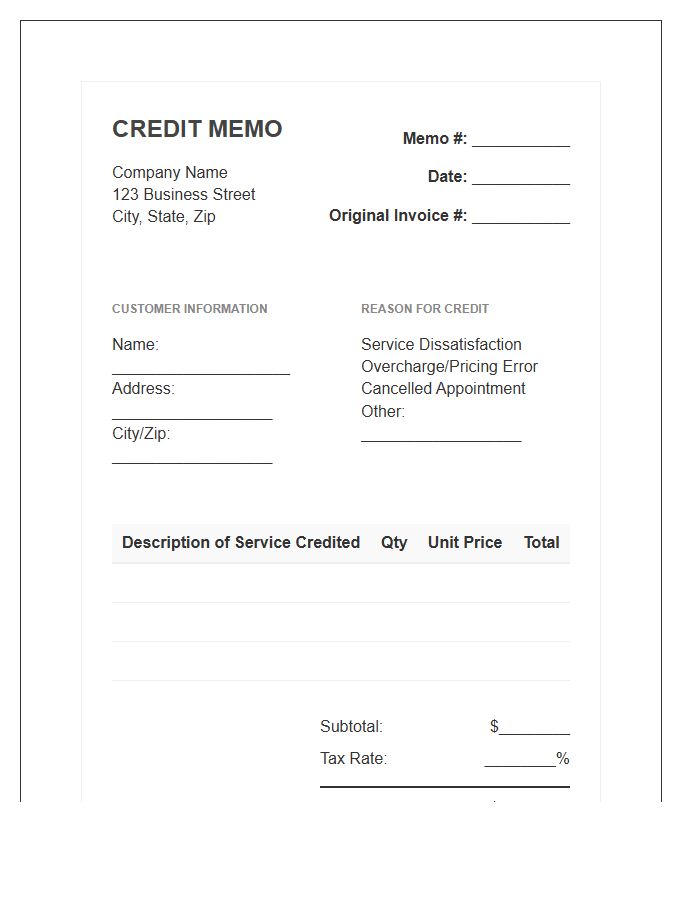Service Credit Memo Invoice Template