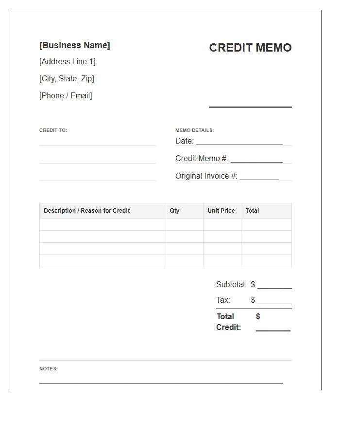 Small Business Credit Memo Invoice Template