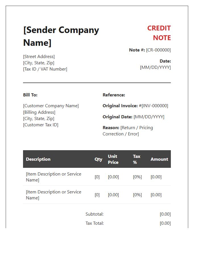 B2B Corporate Credit Note Invoice Template Requirements