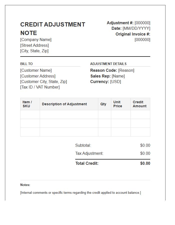 Commercial Credit Adjustment Invoice Template Document