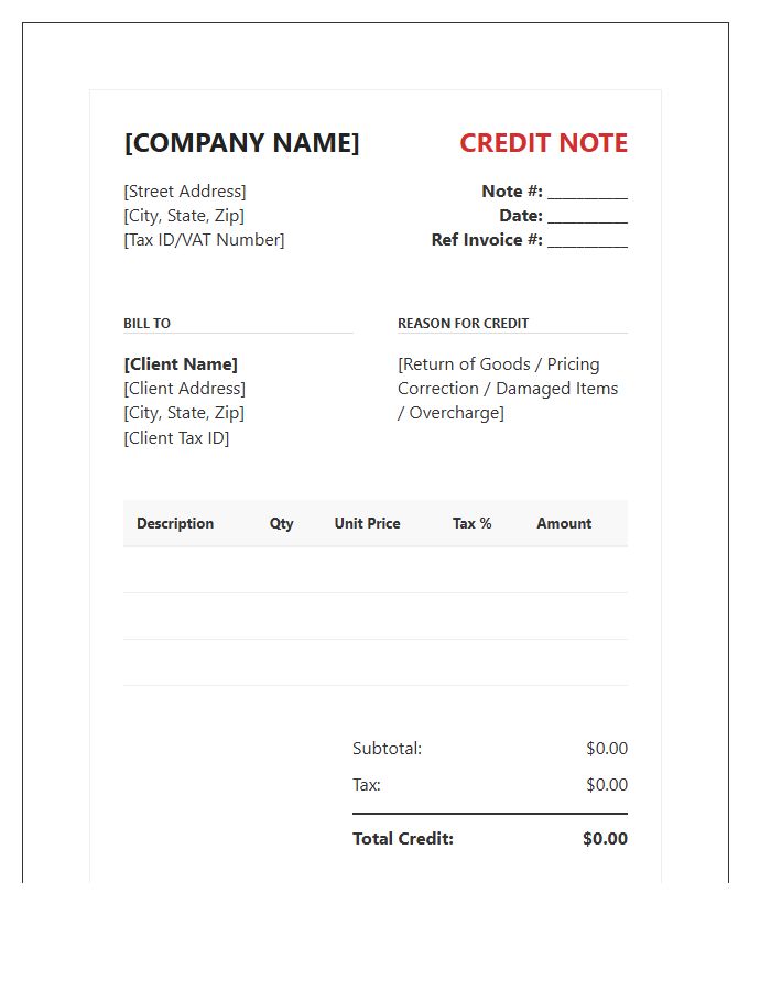 Comprehensive Corporate Credit Note Invoice Template Details