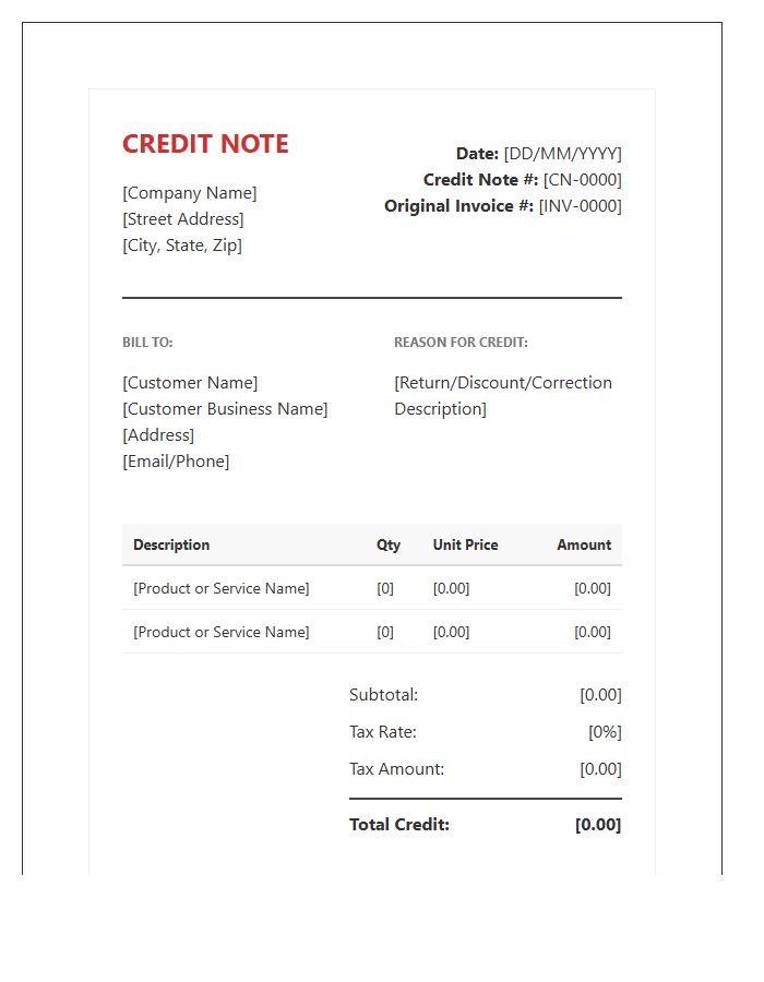 Corporate Credit Note Invoice Template Content Management