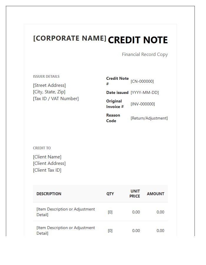 Corporate Credit Note Invoice Template For Financial Records