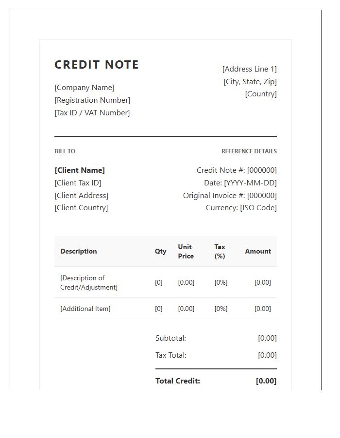 Corporate Credit Note Invoice Template For Global Business