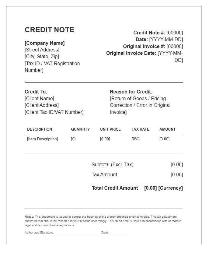Corporate Credit Note Invoice Template For Legal Compliance