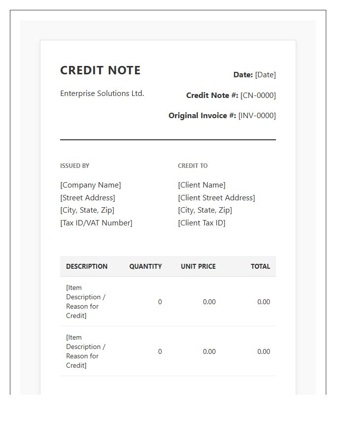 Formal Credit Note Invoice Template For Enterprise