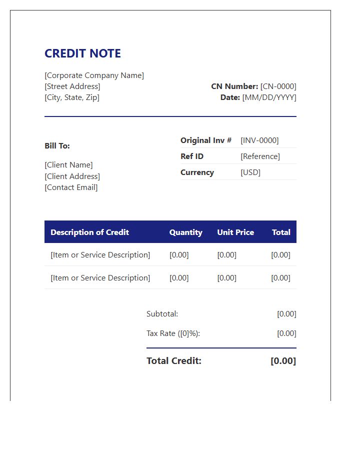 High Quality Corporate Credit Note Invoice Template Options