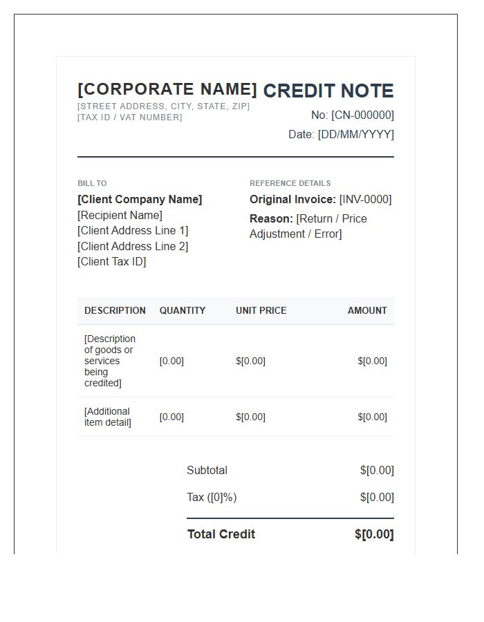 Industry Leading Corporate Credit Note Invoice Template
