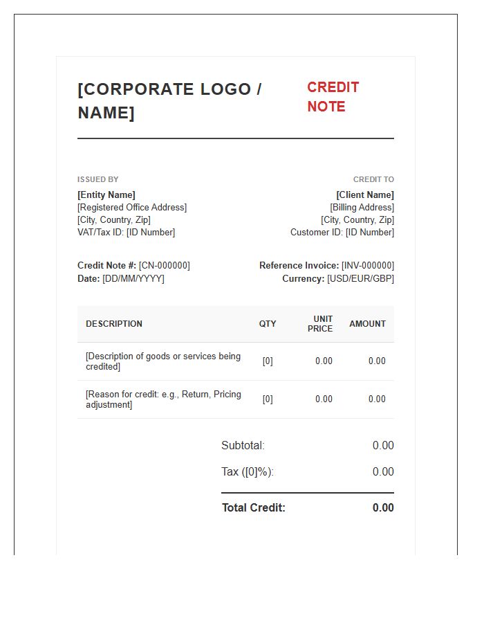 Multinational Corporate Credit Note Invoice Template Style