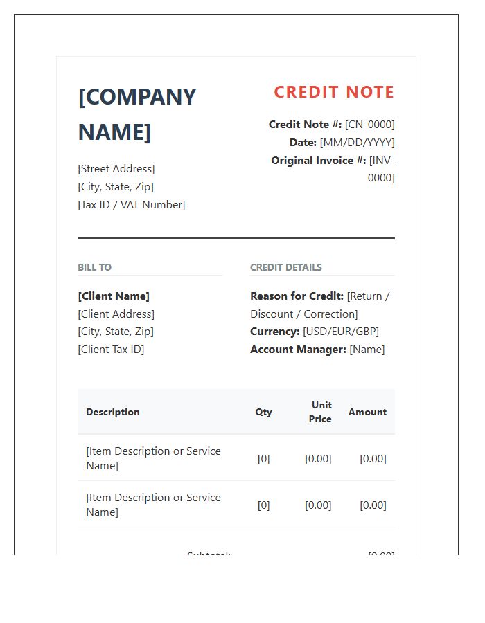 Professional Corporate Credit Note Invoice Template Structure