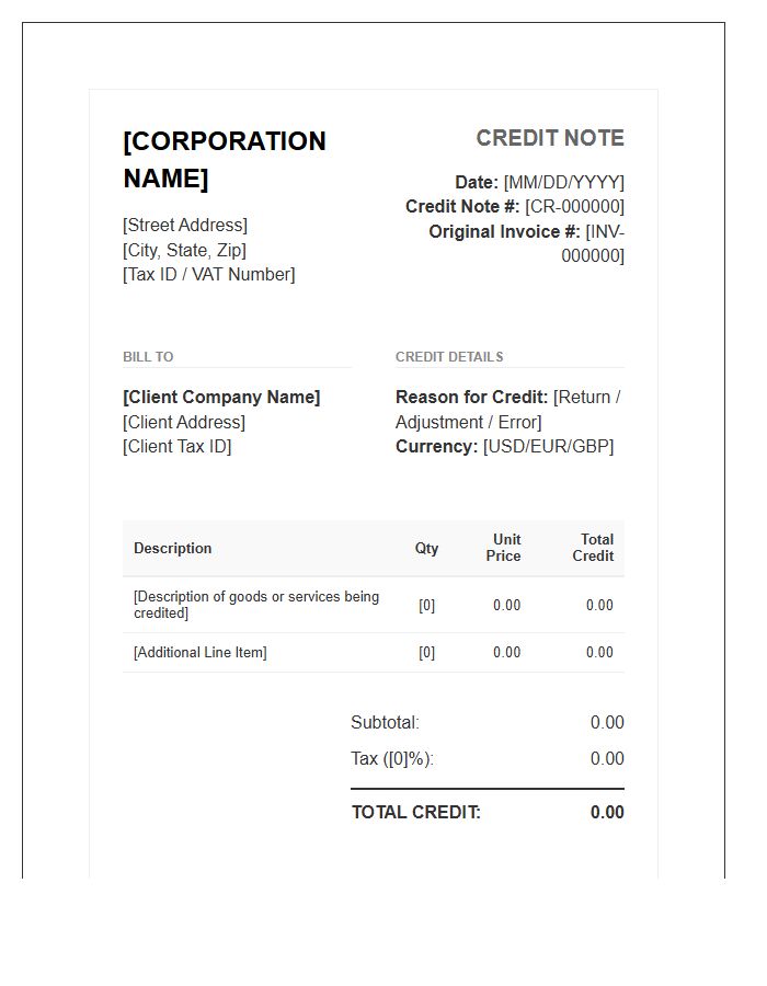 Standardized Credit Note Invoice Template For Corporations