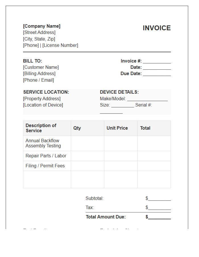Backflow Prevention Service Invoice Template