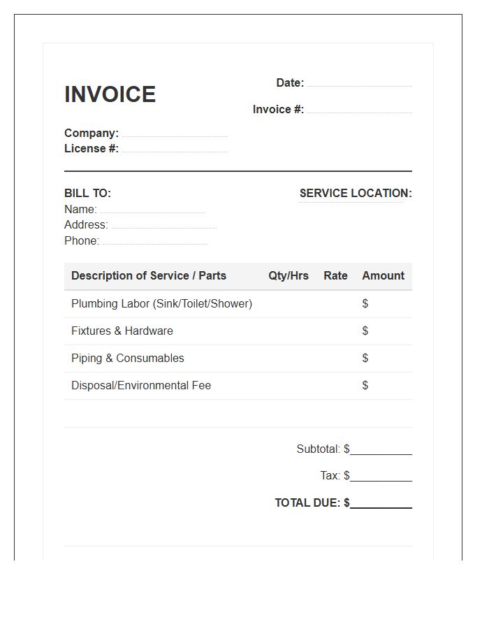 Bathroom Plumbing Repair Invoice Template