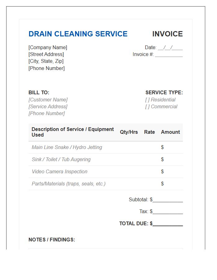 Drain Cleaning Service Invoice Template