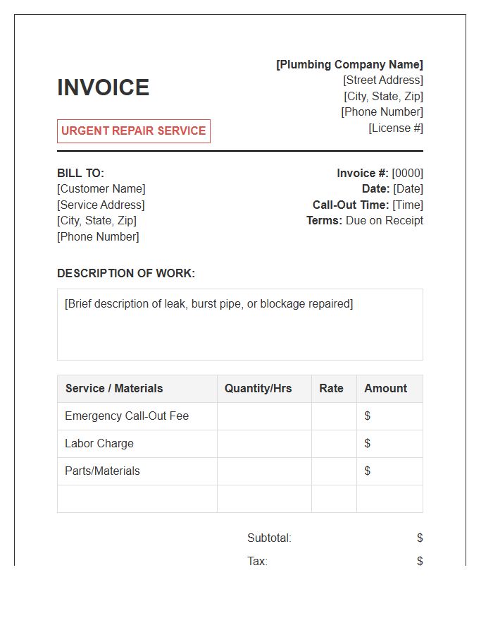 Emergency Plumbing Repair Invoice Template