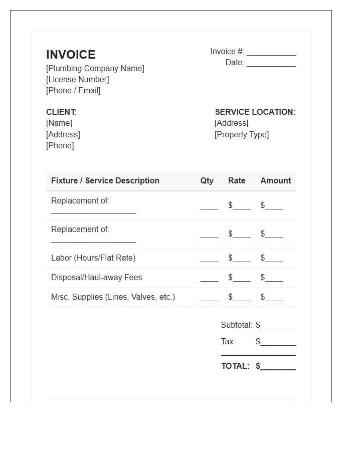 Fixture Replacement Plumbing Invoice Template
