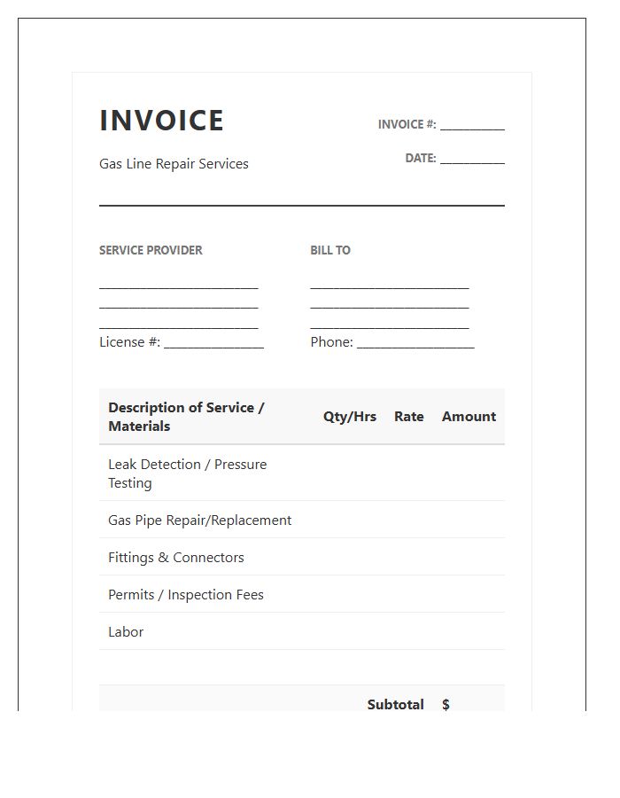Gas Line Repair Invoice Template