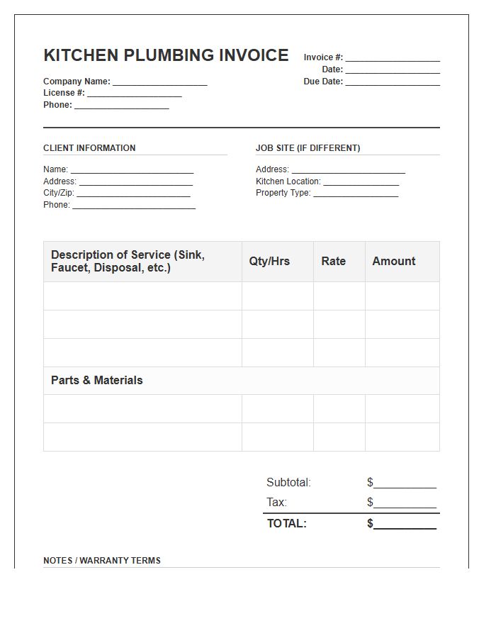 Kitchen Plumbing Service Invoice Template