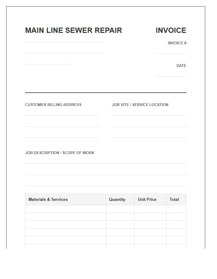 Main Line Sewer Repair Invoice Template
