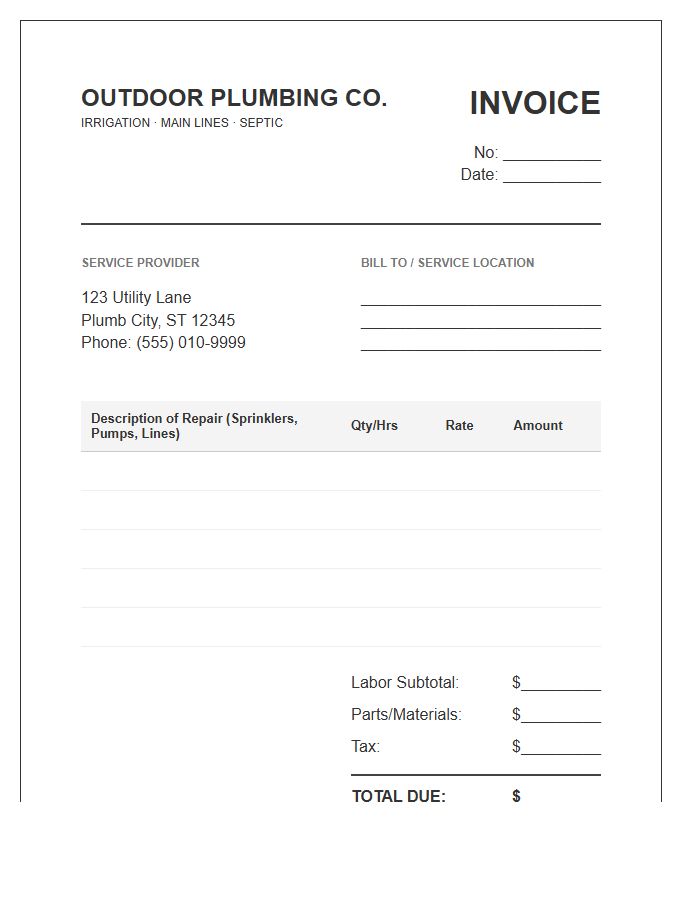 Outdoor Plumbing Repair Invoice Template
