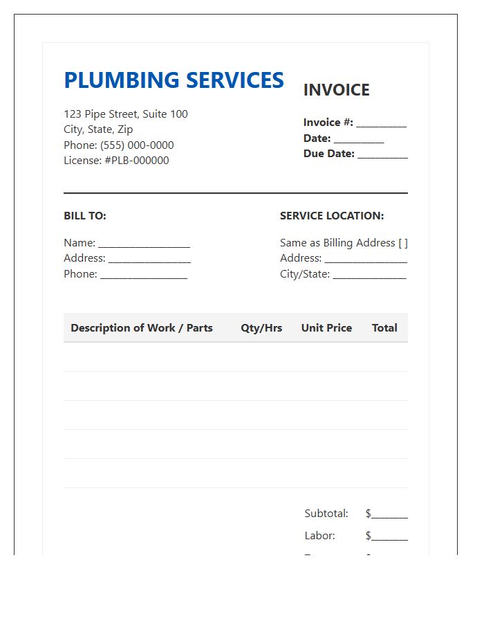 Professional Plumber Repair Invoice Template