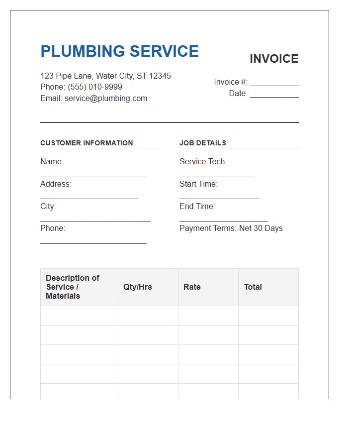 Residential Plumbing Service Invoice Template