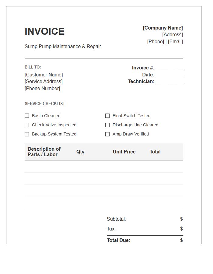 Sump Pump Service Invoice Template