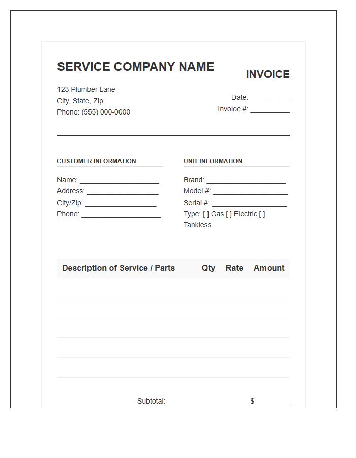 Water Heater Repair Invoice Template