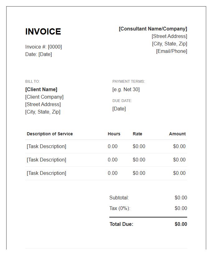 Consultant Hourly Rate Billing Invoice Template