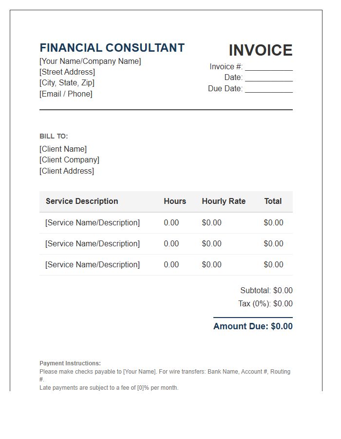 Financial Consultant Hourly Invoice Template