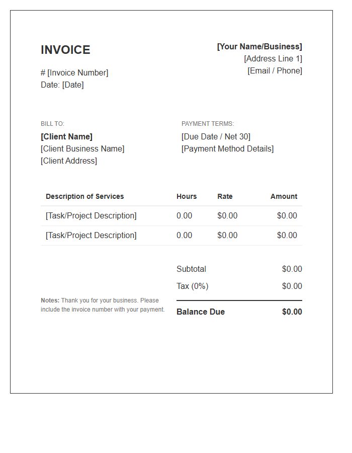 Freelance Consultant Hourly Invoice Template