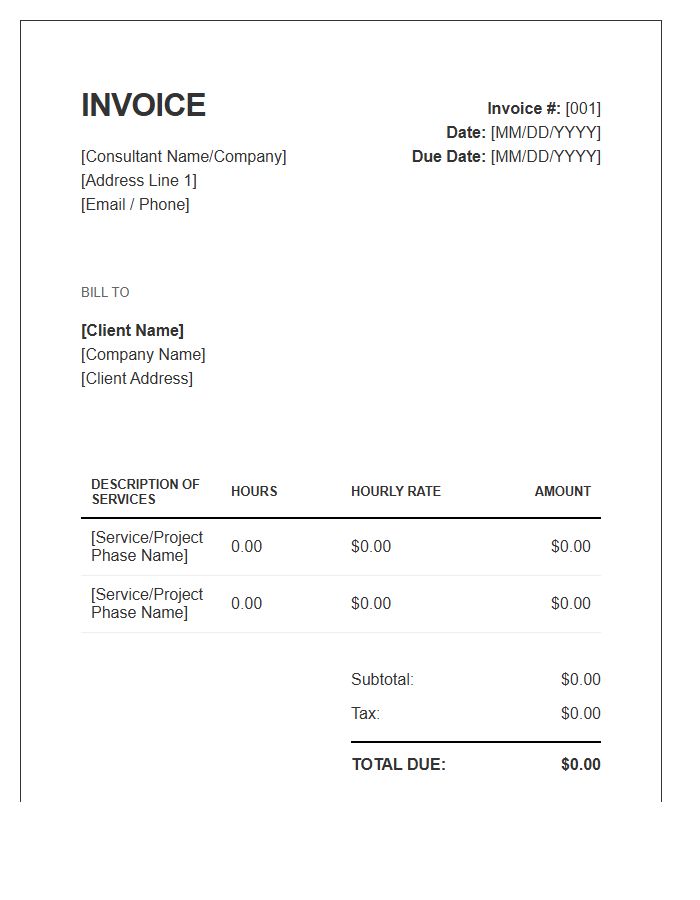 Independent Consultant Hourly Invoice Template