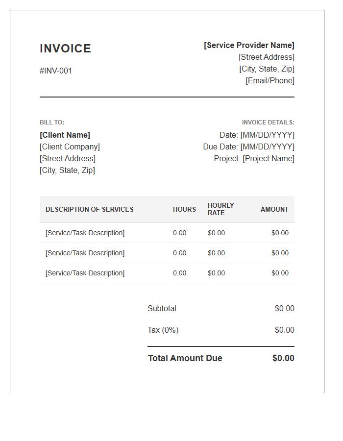 Professional Services Hourly Invoice Template