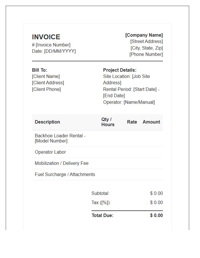 Backhoe Rental Service Invoice Template