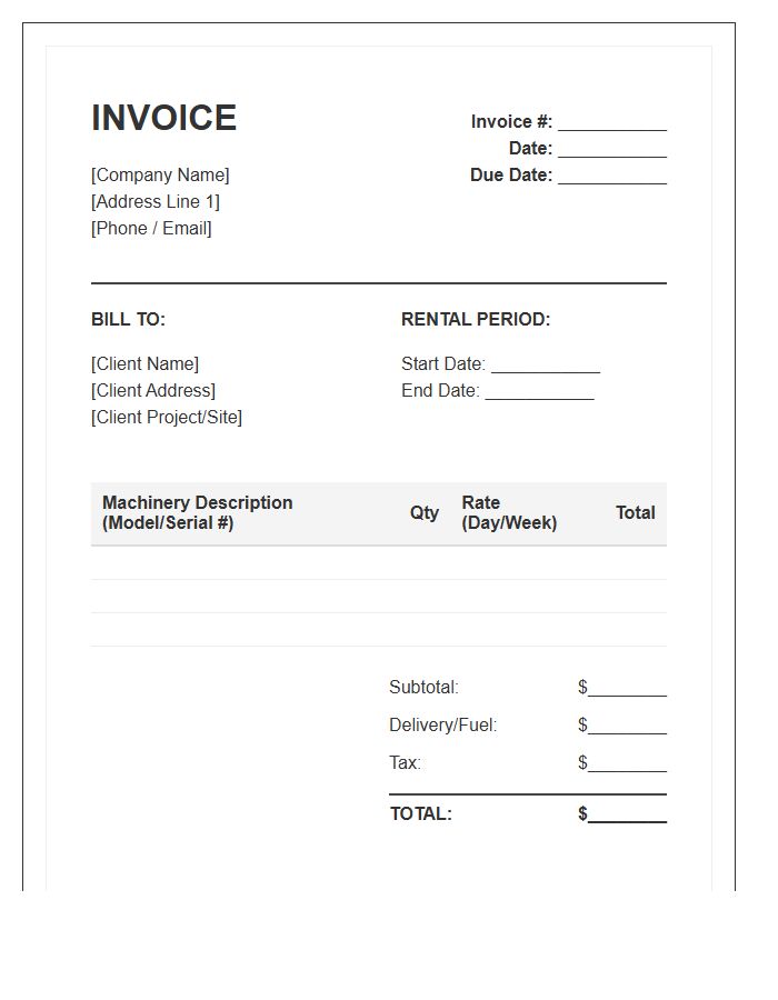 Construction Machinery Rental Invoice Template