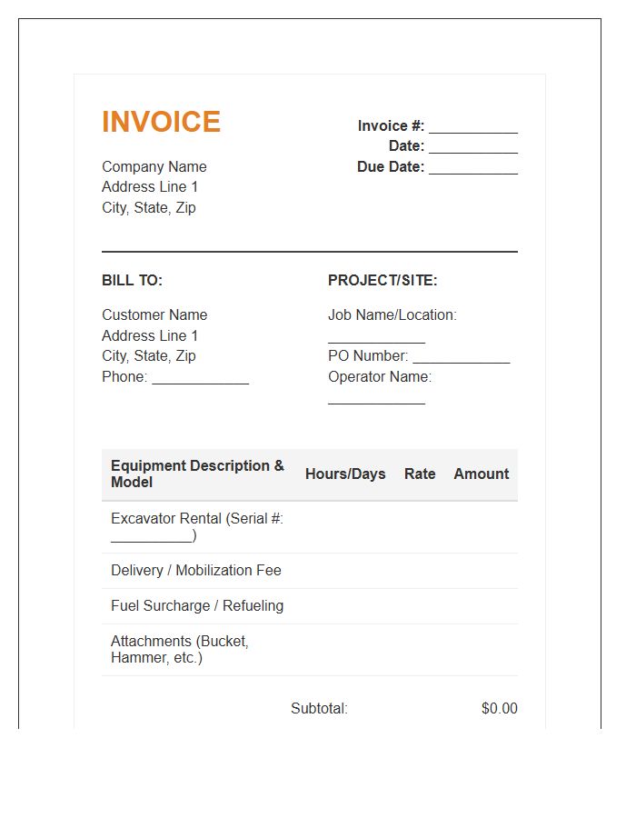 Excavator Rental Billing Invoice Template