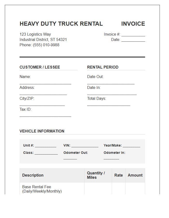 Heavy Duty Truck Rental Invoice Template