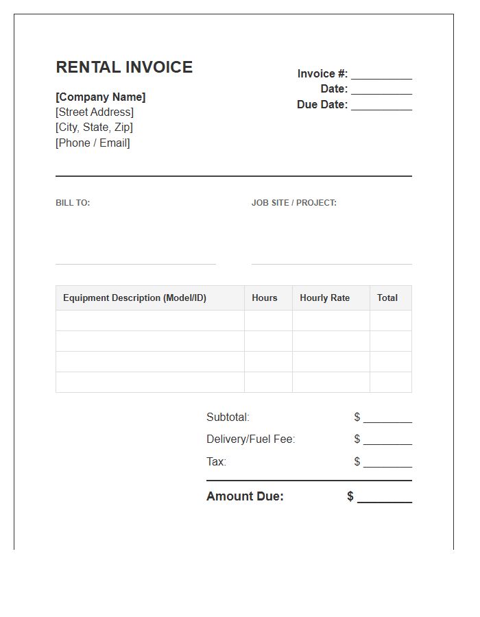 Heavy Equipment Hourly Rental Invoice Template