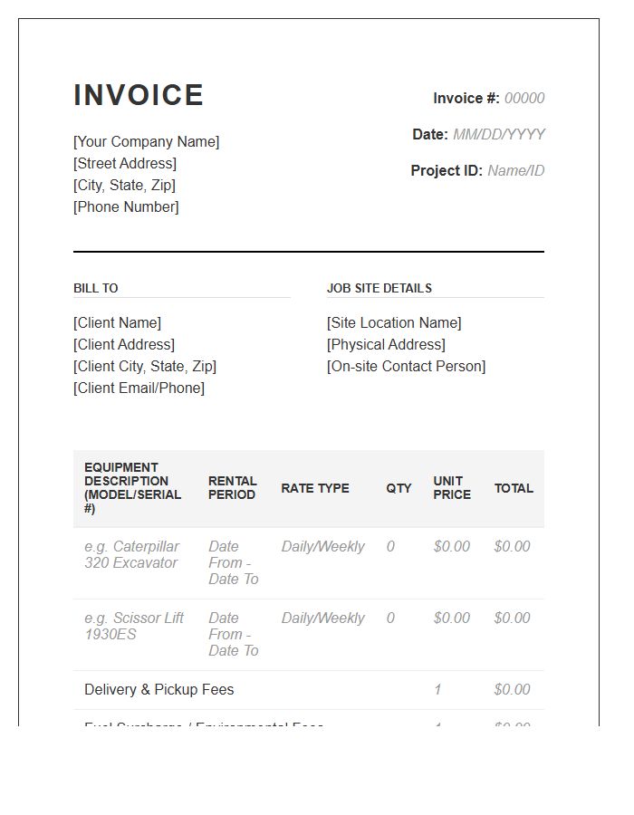 Heavy Equipment Rental Invoice Template