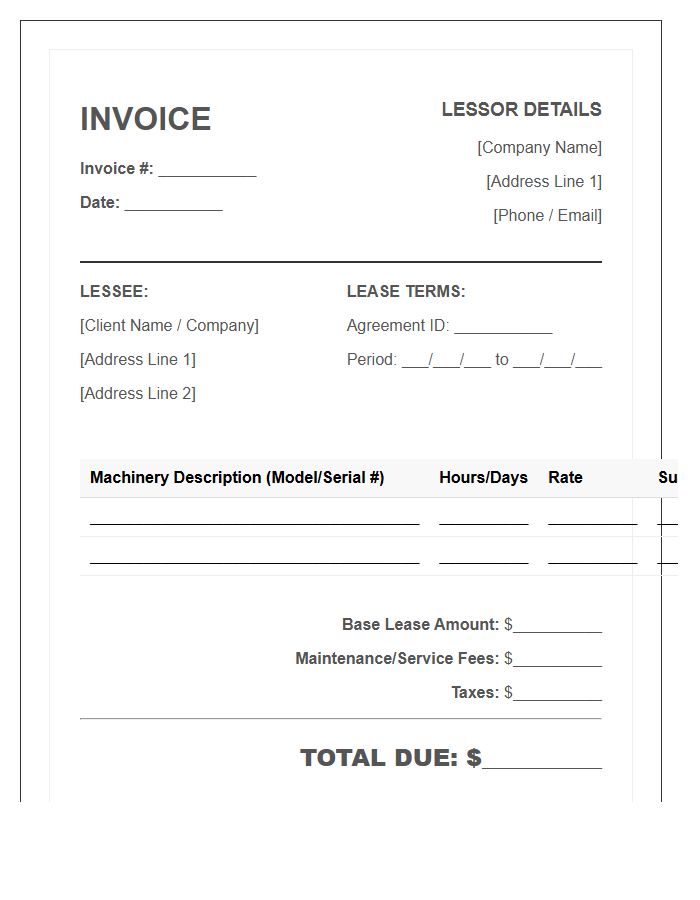 Heavy Machinery Lease Agreement Invoice Template