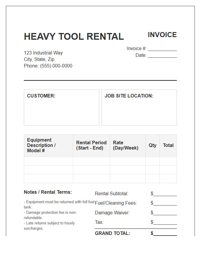 Heavy Tool Rental Service Invoice Template