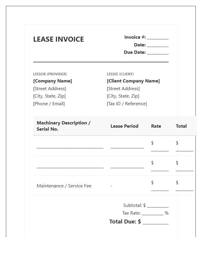 Industrial Machinery Lease Invoice Template