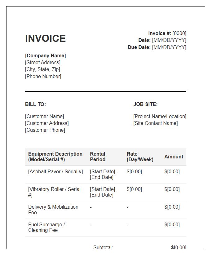 Paving Equipment Rental Invoice Template