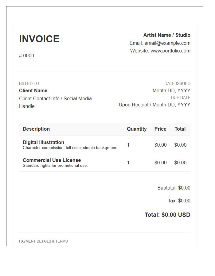 Digital Art Commission Invoice Template